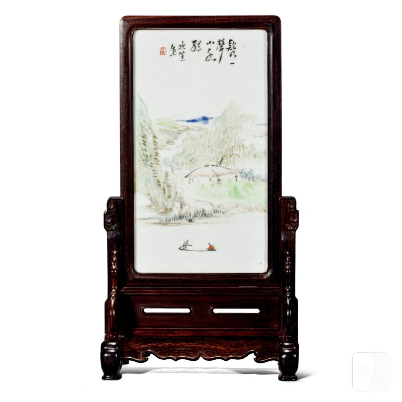 清光绪 程言浅绛彩山水瓷板